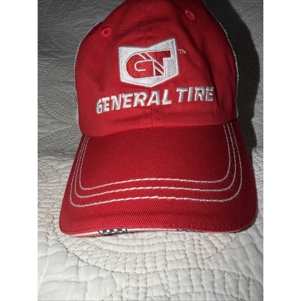 General Tire Hat Cap Strap Back Adult One Size Red USA Flag Trimmed Trucker Hat